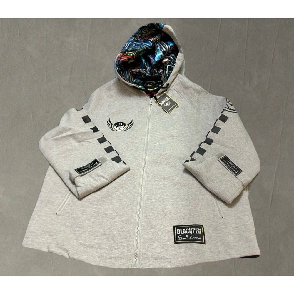 BLACKZEN Black Light Gray Zip-Up Hoodie Jacket with Patterned Hood S